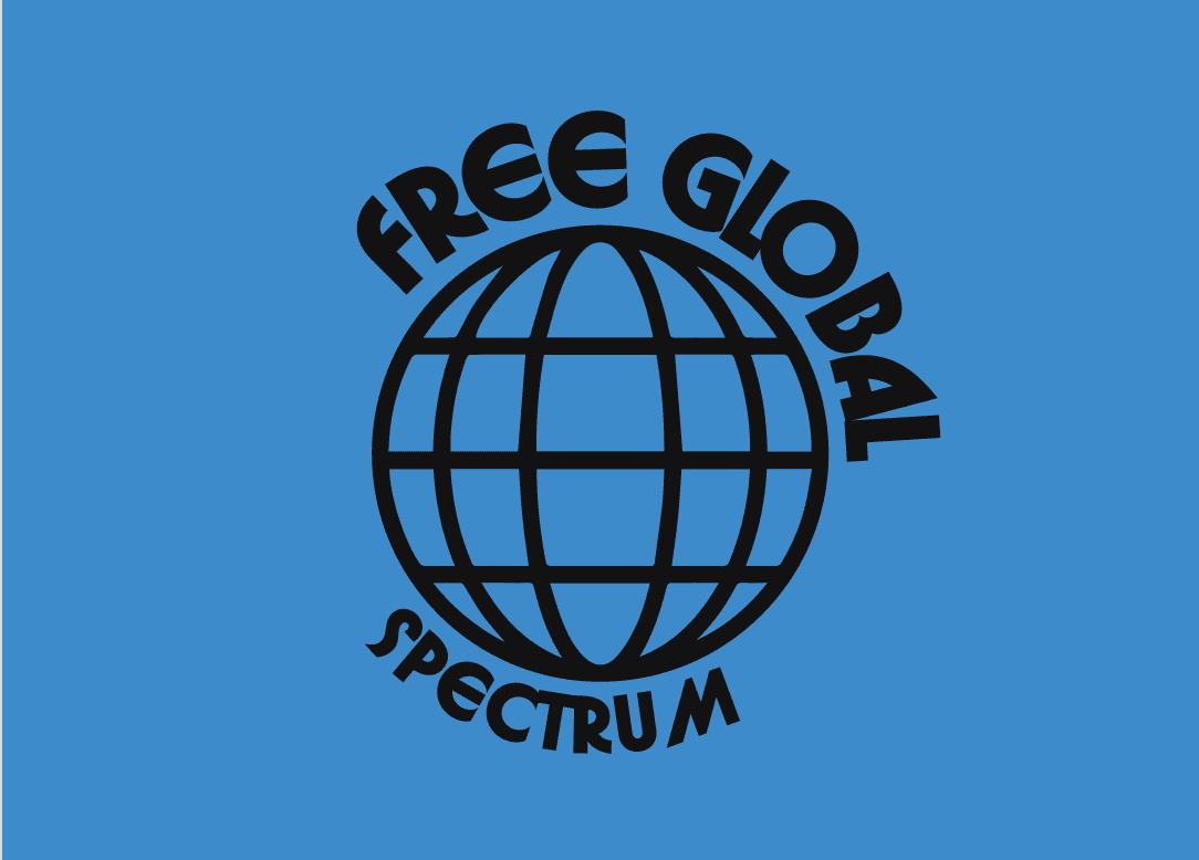 Illustration of a globe in a blue background, with text staying Free global spectrum