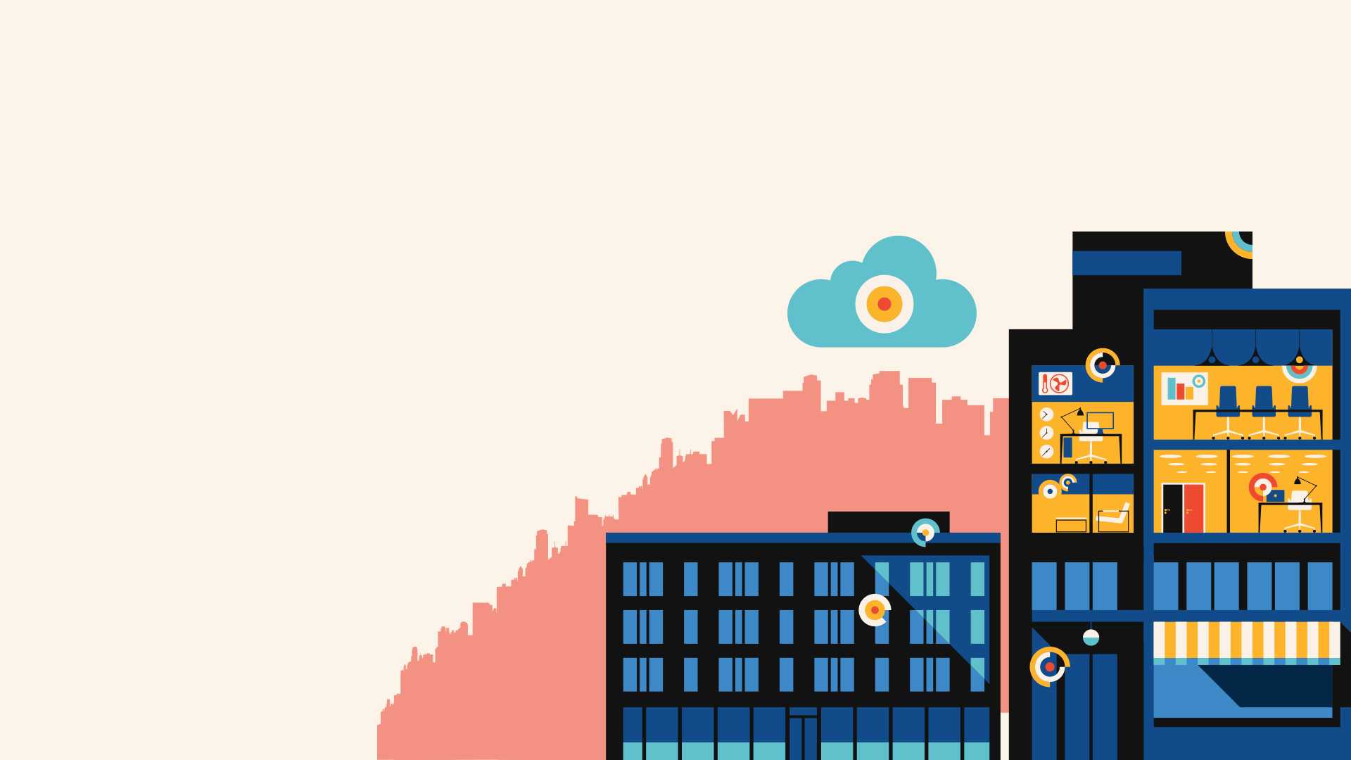 Illustration of a smart building with features like air temperature sensors, occupancy monitoring and smart lighting