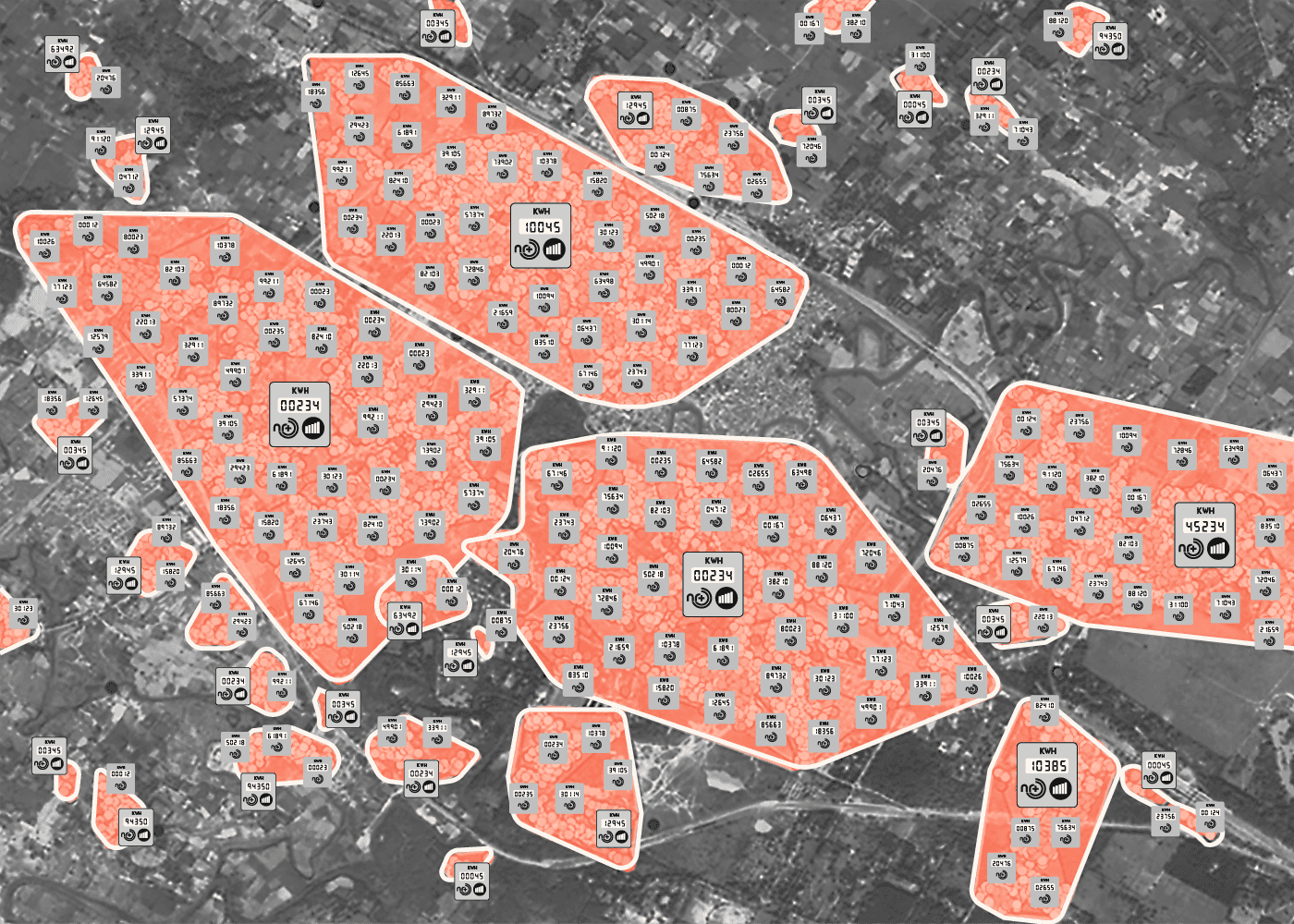 Illustration of smart meter, smart grid and advanced metering infrastructure network coverage with Wirepas Mesh connectivity