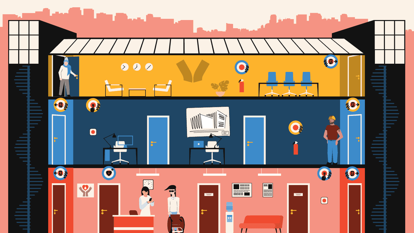 Illustration of a building with smart emergency lighting and emergency light battery management.