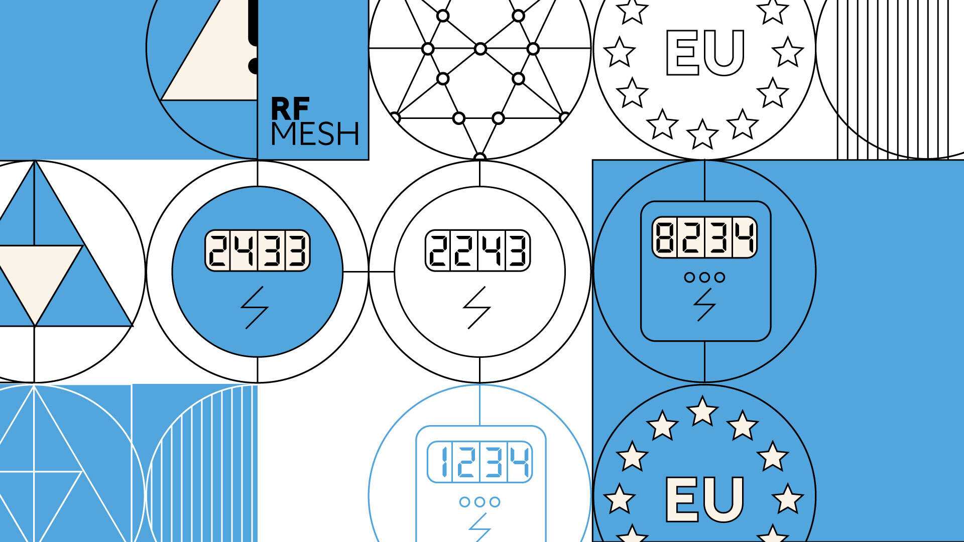 White and blue illustration with triangles, smart meter readings, RF mesh text and European Union symbols different radio