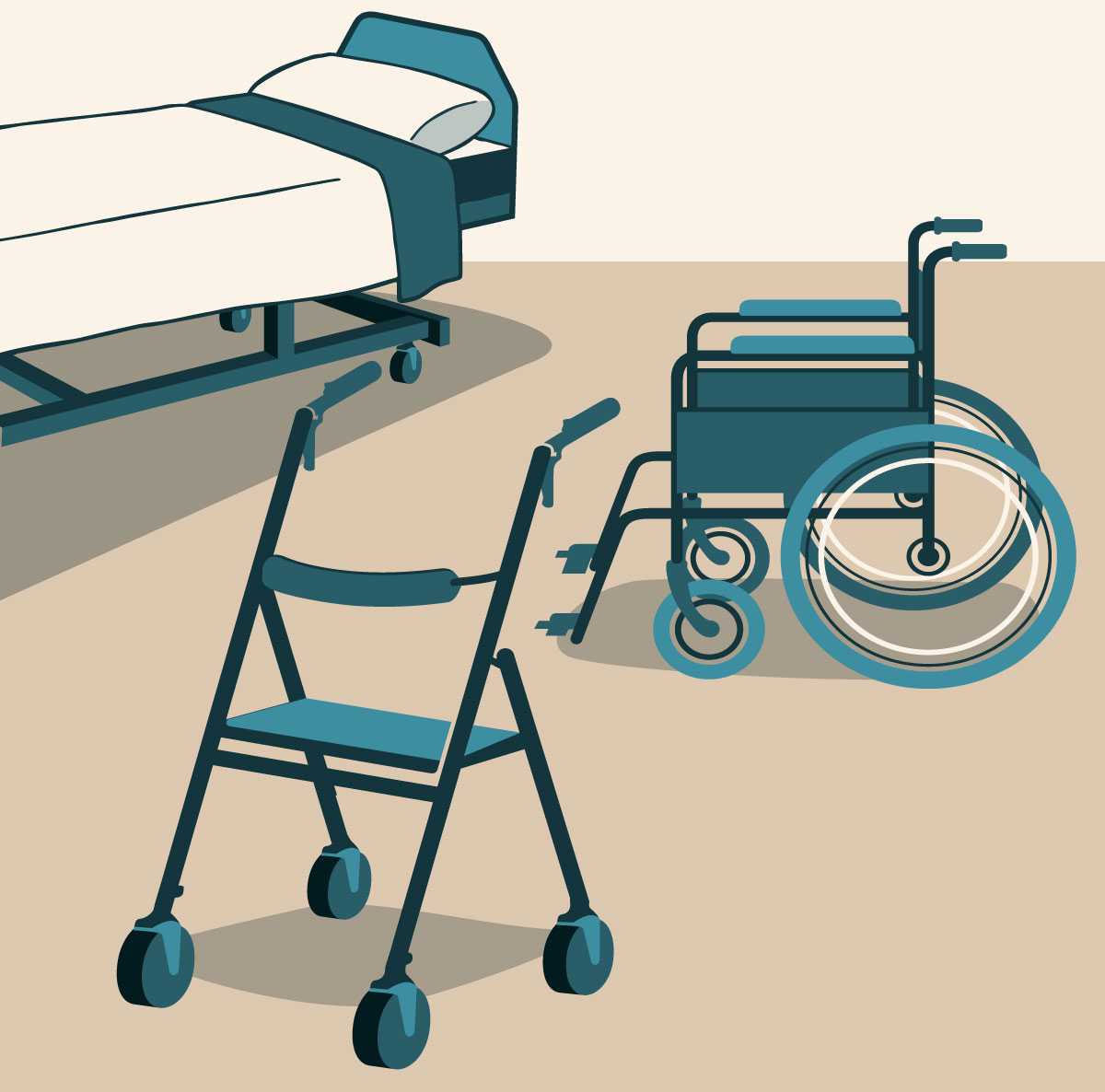 Picture of medical assets: hospital bed, wheelchair and a walker